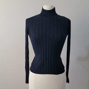Liz Claiborne Navy/Black Ribbed Turtleneck Sweater 100% Silk Size S